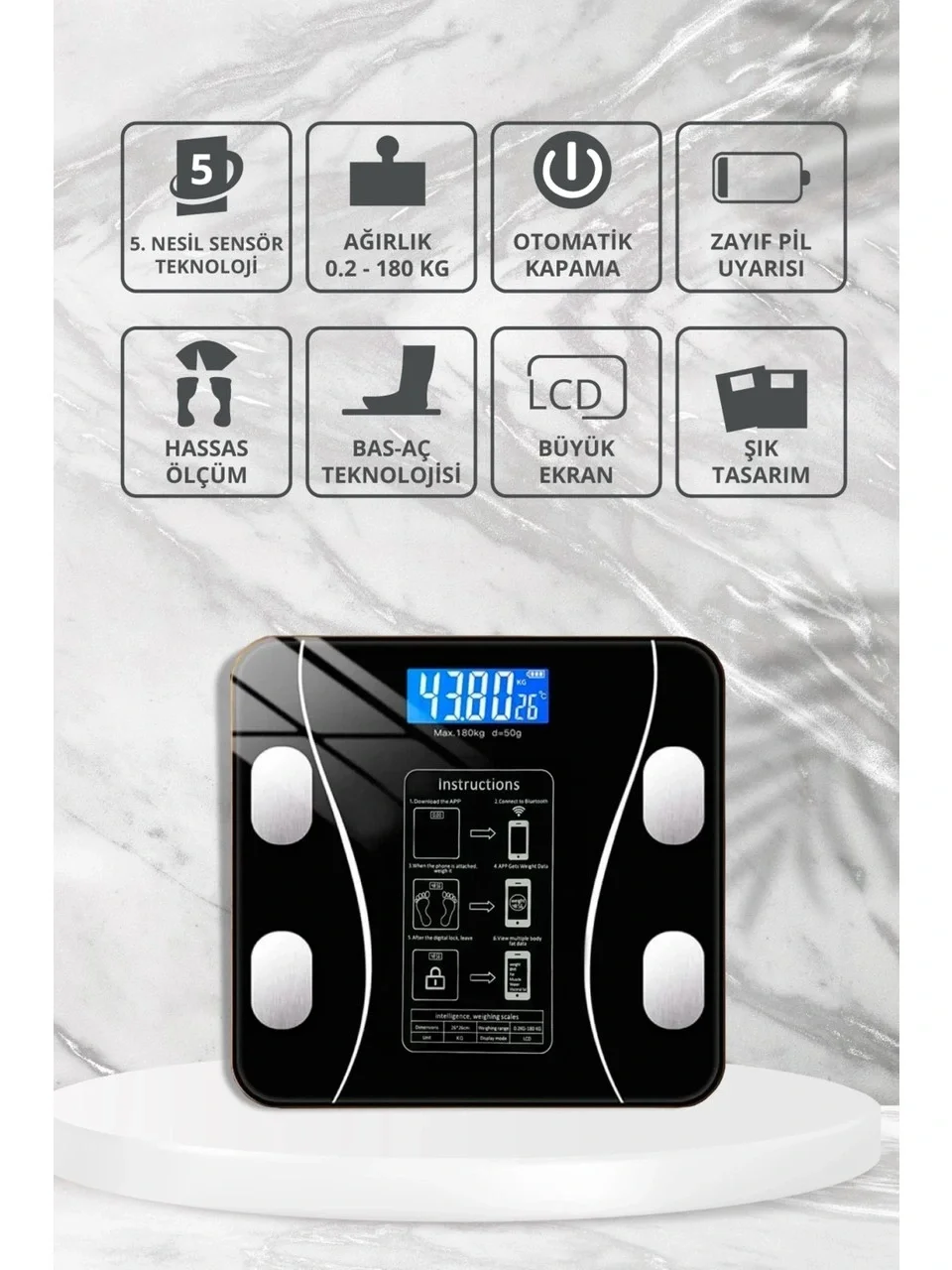Yağ Ölçer Fonksiyonlu Dijital Baskül Elektronik Tartı Akıllı Bluetooth Lcd Dijital Ekran Ev Vücut