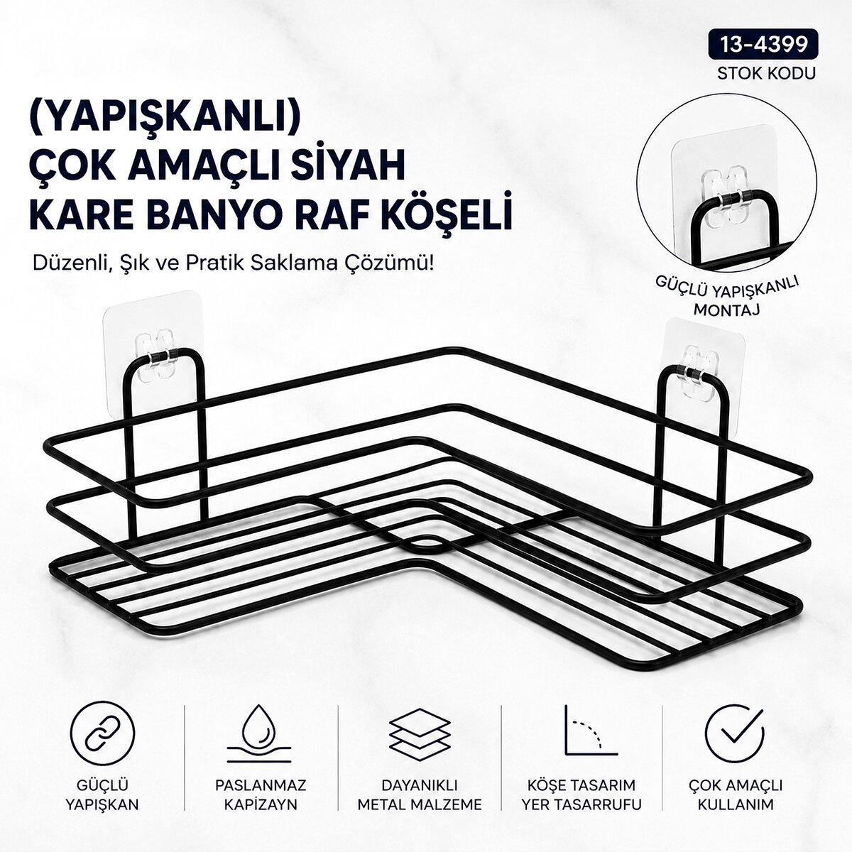 YAPIŞKANLI ÇOK AMAÇLI SİYAH KARE BANYO RAF KÖŞELİ