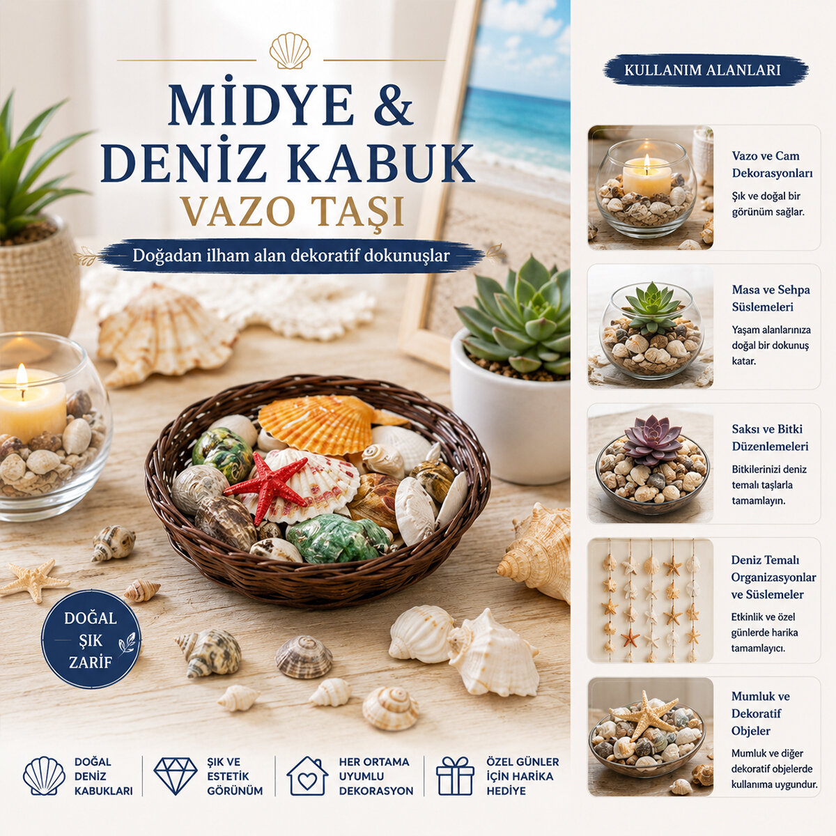 YUVARLAK AHŞAP SEPET RENKLİ MİX MİDYE - DENİZ KABUK VAZO TAŞI