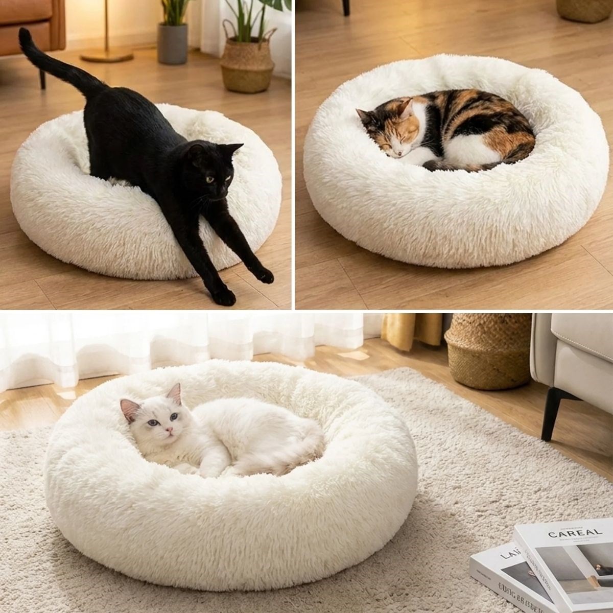 Yuvarlak Ultra Yumuşak Welsoft Peluş Kedi ve Köpek Yatağı – Kaymaz Taban Tüylü Pet Pufu,Uyku Minderi (krem)