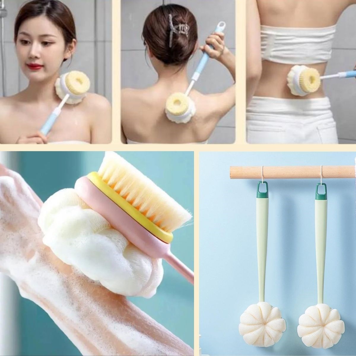 2'si 1 Arada Çift Taraflı Uzun Saplı Fırçalı Banyo Vücut Sırt Fırçası Banyo Lifi