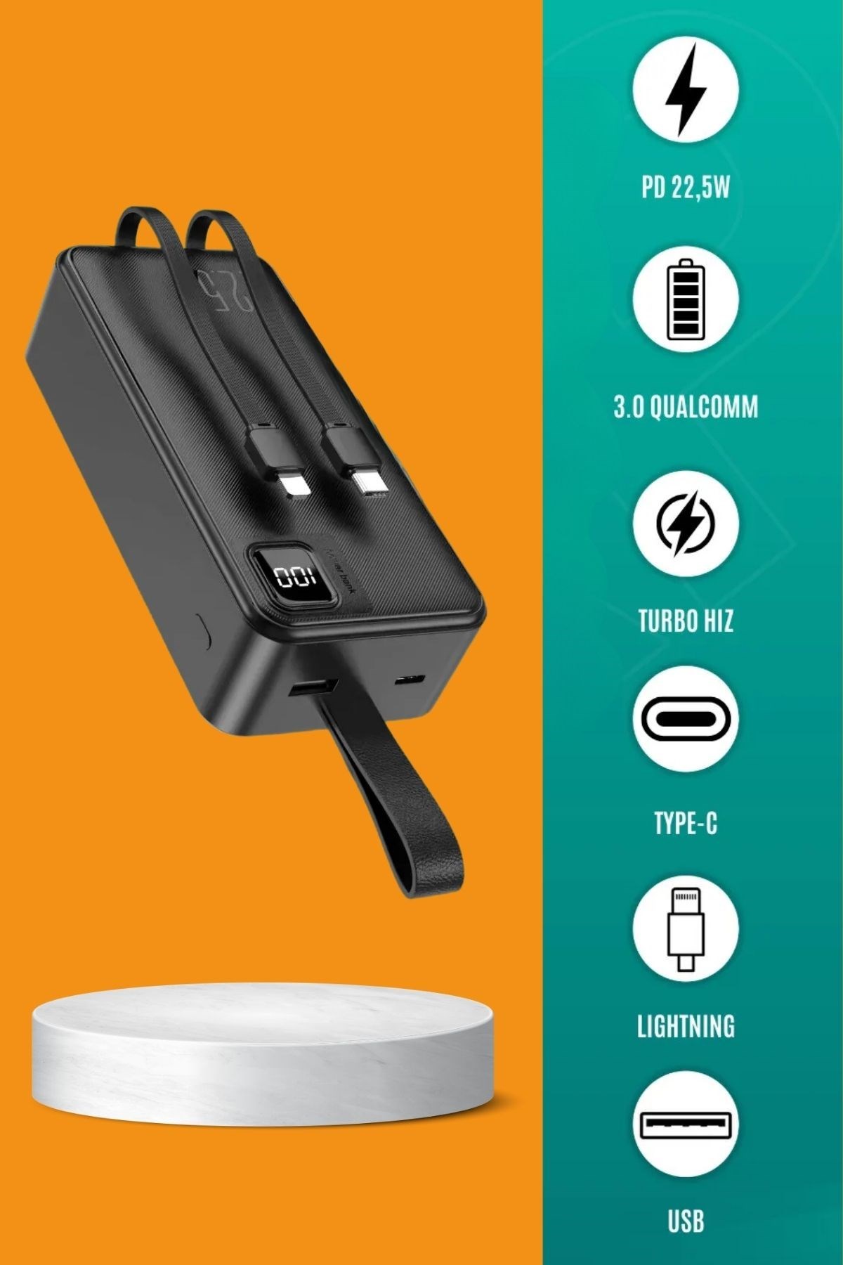 30000 Mah 22,5w Süper Hızlı Lightning ve Tyype C Powerbank