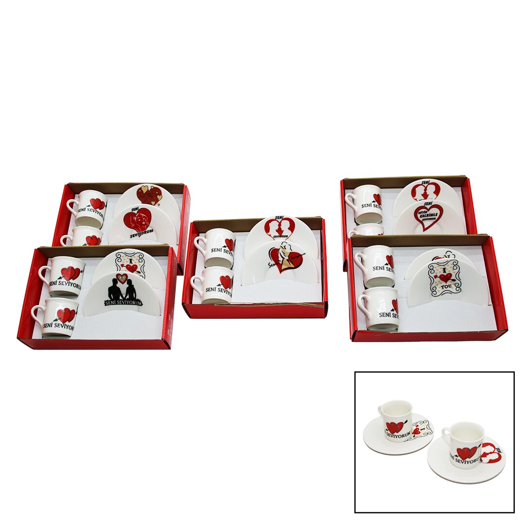 4 PARÇA - 2 TKM SENİ SEVİYORUM YAZILI VE RESİMLİ PORSELEN KAHVE FİNCAN