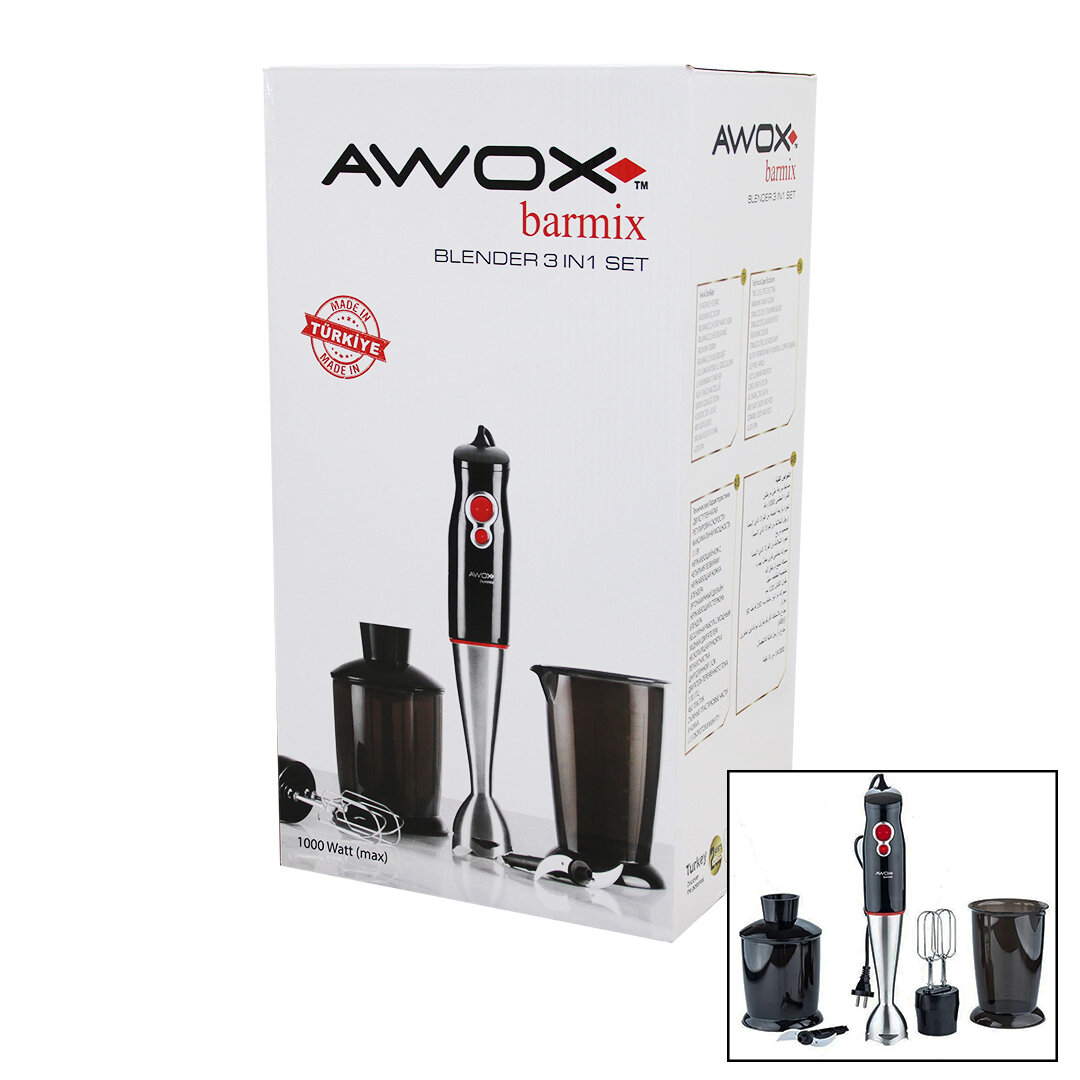 AWOX BARMİX  3İN1  BLENDER SETİ  ÇELİK 2Lİ MİKSER   ÇELİK RONDO BIÇAK   ÇELİK 4 KANATLI BIÇAK   1000W