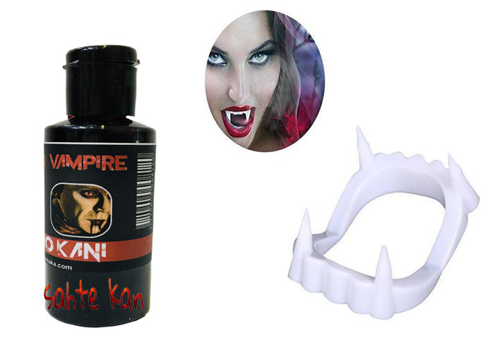 Beyaz Renk Çift Damak Takma Vampir Dişi ve 50 gr Tiyatro Kanı