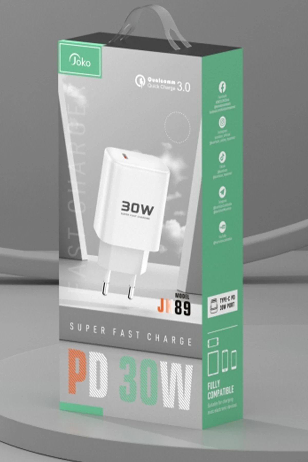 Joko JK89 30W Type-C Çıkışlı Ekstra DC66 1M Type-C to Lightning  Kablolu PD Şarj Cihazı - Beyaz