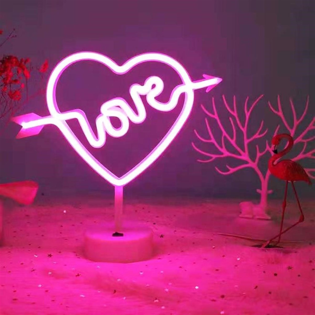 Kalpli Love Yazılı Dekoratif Neon Pilli Led Masa ve Gece Lambası