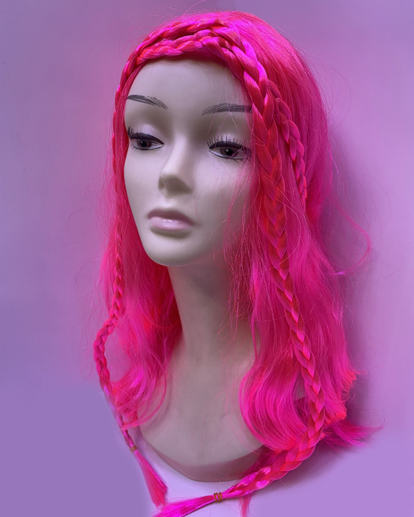 Neon Pembe Renk Örgülü Helen Karakter Peruğu Takma Saç