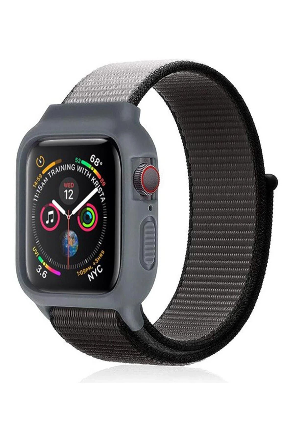 Newface Apple Watch 42mm Hasırlı Cırtcırtlı Kasalı Kordon - Siyah-Gri