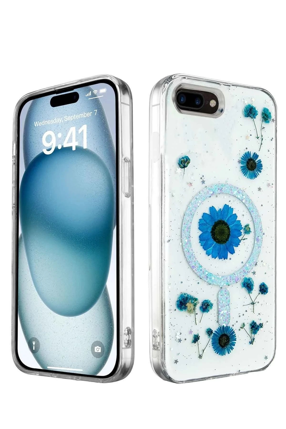 Newface iPhone 7 Kılıf Daisy Simli Magsafe Kapak - Mavi