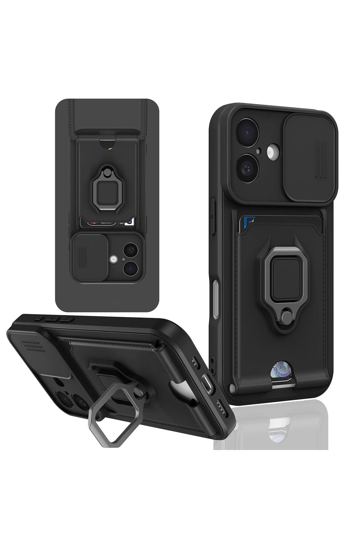 Newface iPhone 16 Kılıf Zuma Kartvizitli Yüzüklü Silikon - Siyah