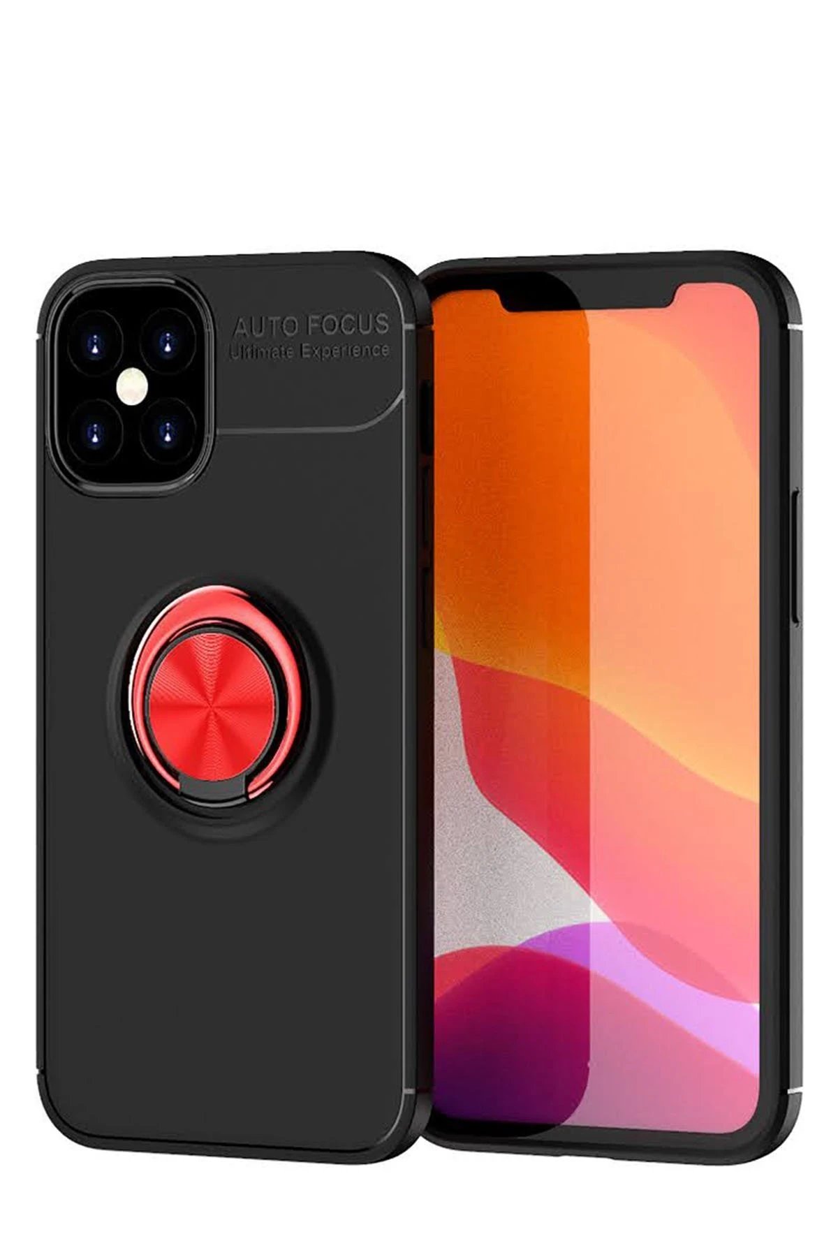 Newface iPhone 12 Mini Kılıf Range Yüzüklü Silikon - Siyah-Kırmızı