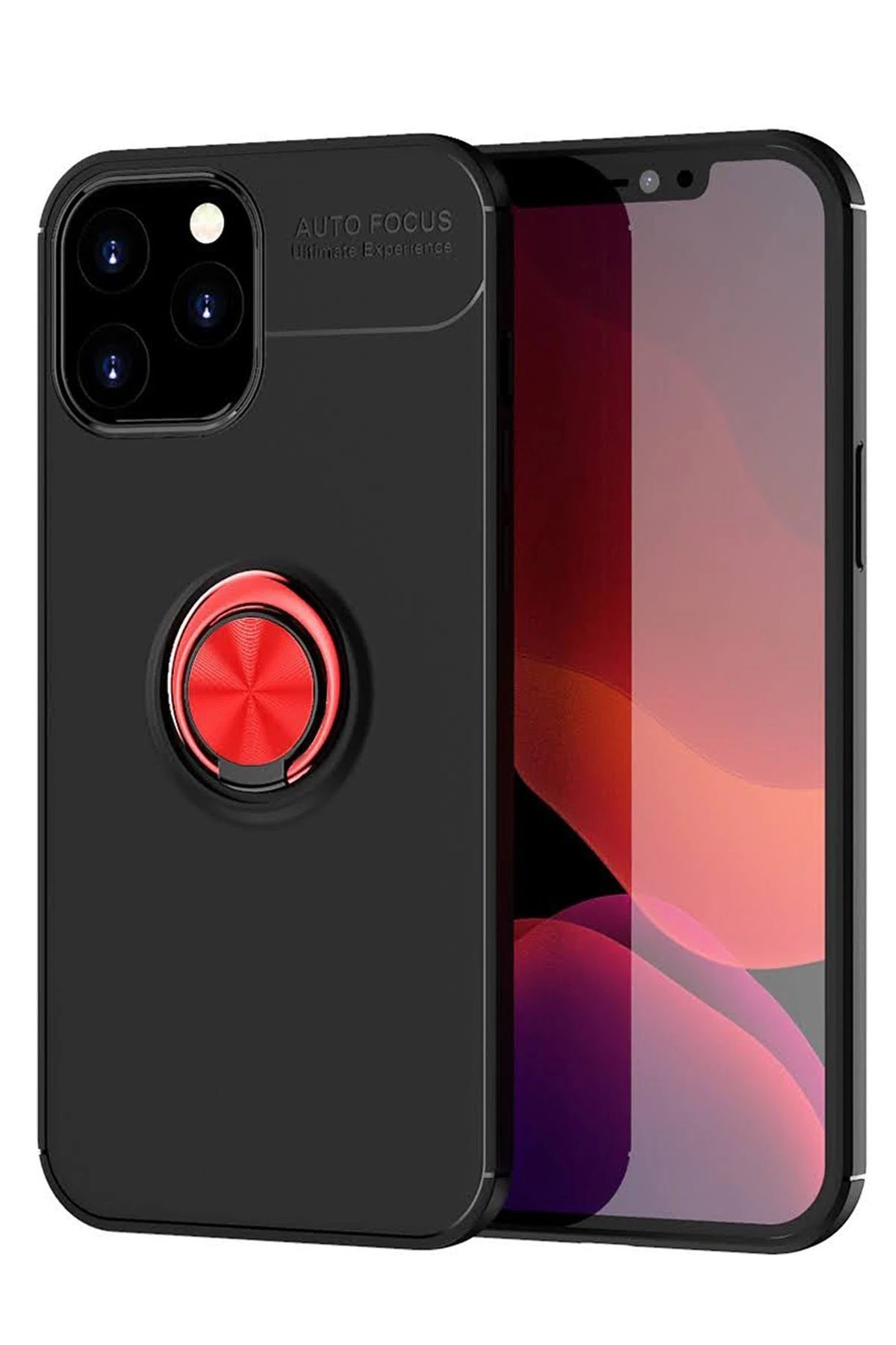 Newface iPhone 12 Pro Max Kılıf Range Yüzüklü Silikon - Siyah-Kırmızı