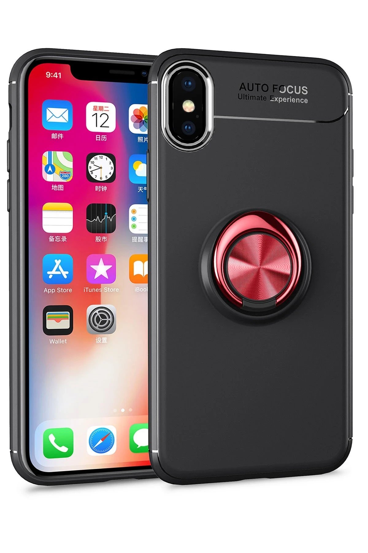 Newface iPhone XS Kılıf Range Yüzüklü Silikon - Siyah-Kırmızı