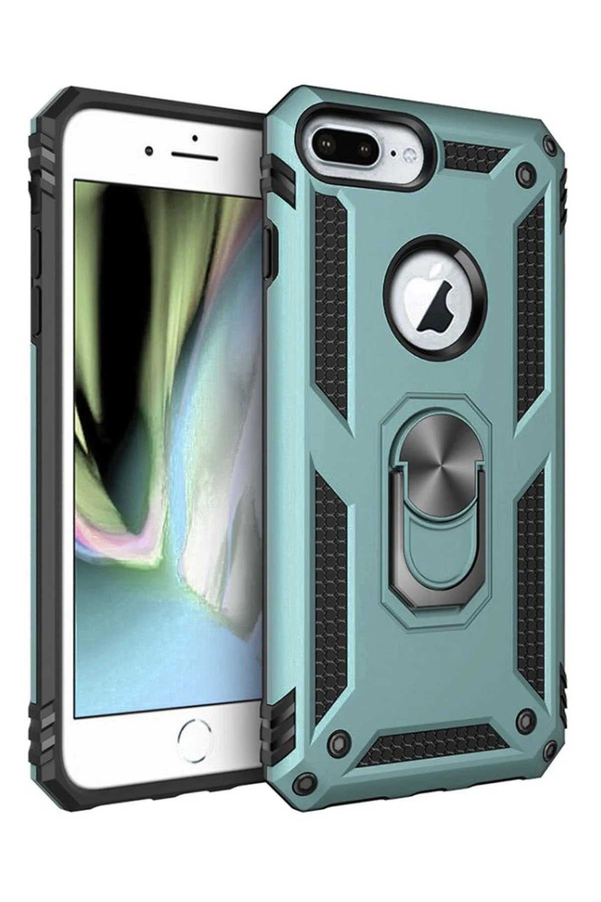 Newface iPhone 7 Plus Kılıf Sofya Yüzüklü Silikon Kapak - Yeşil