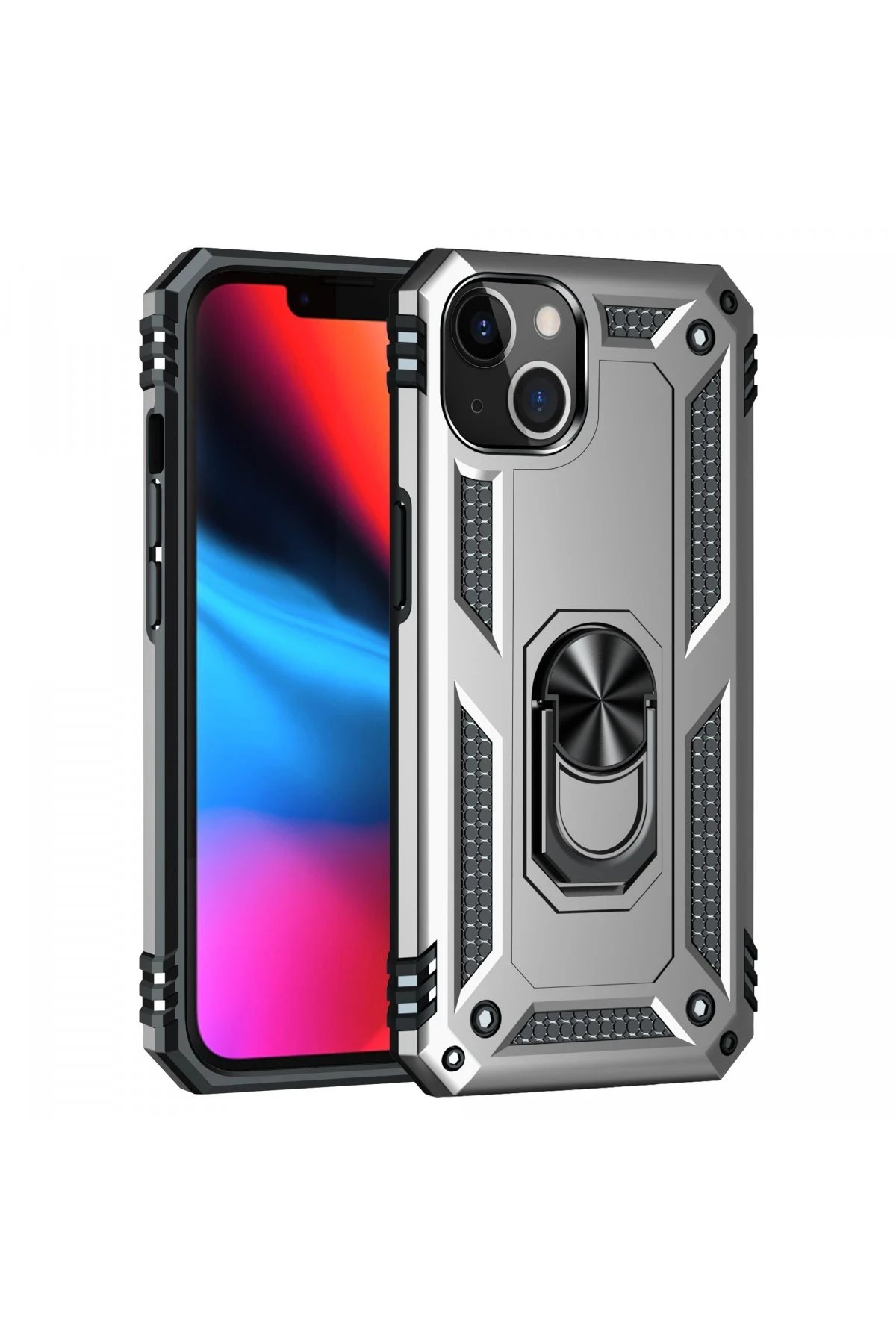 Newface iPhone 14 Plus Kılıf Sofya Yüzüklü Silikon Kapak - Gümüş