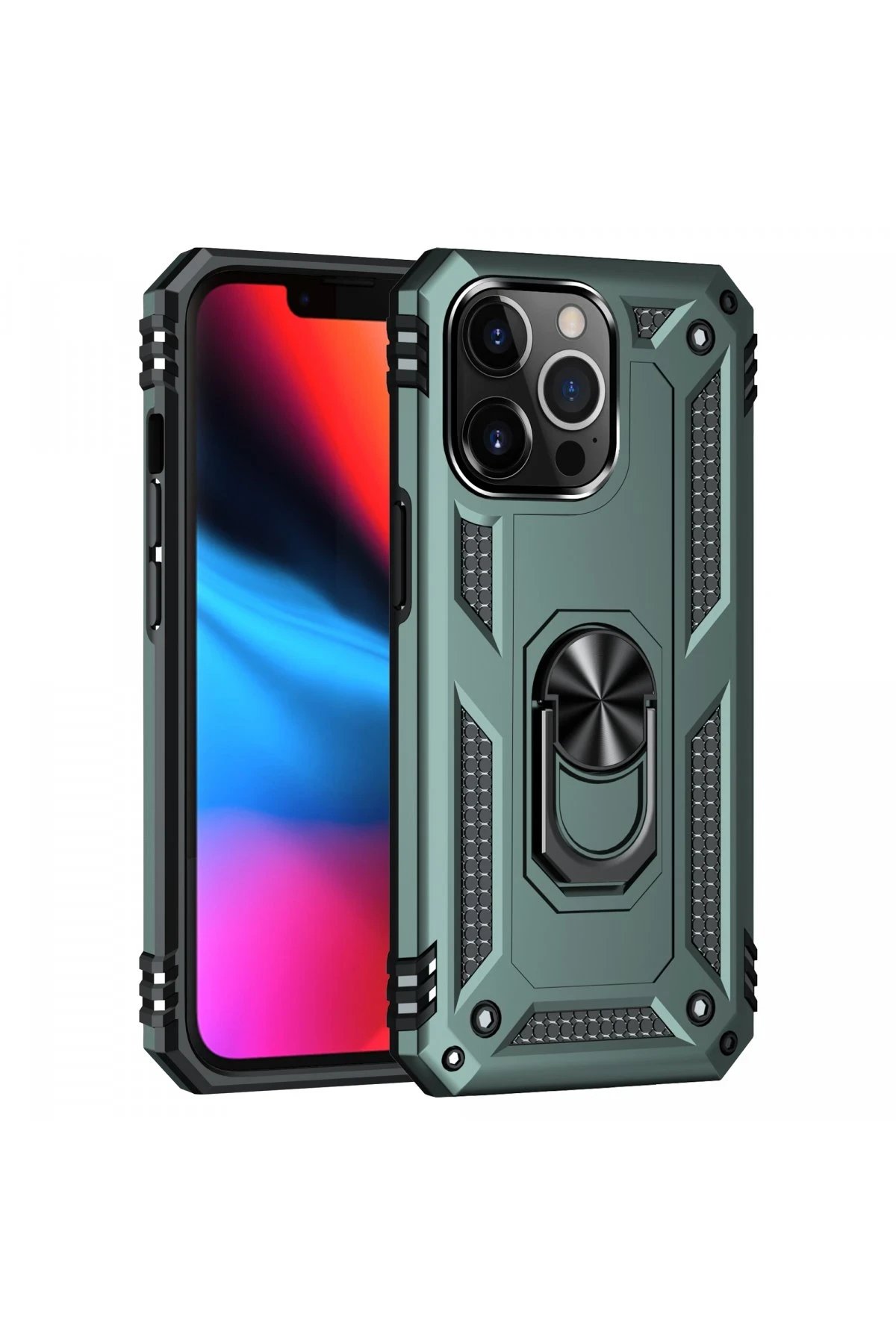 Newface iPhone 14 Pro Kılıf Sofya Yüzüklü Silikon Kapak - Yeşil