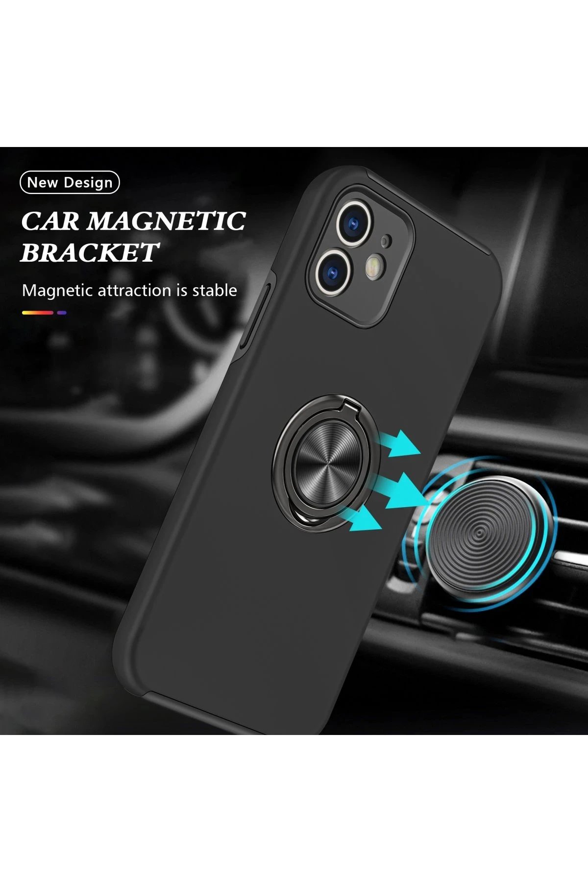 Newface iPhone 12 Kılıf Elit Yüzüklü Kapak - Siyah