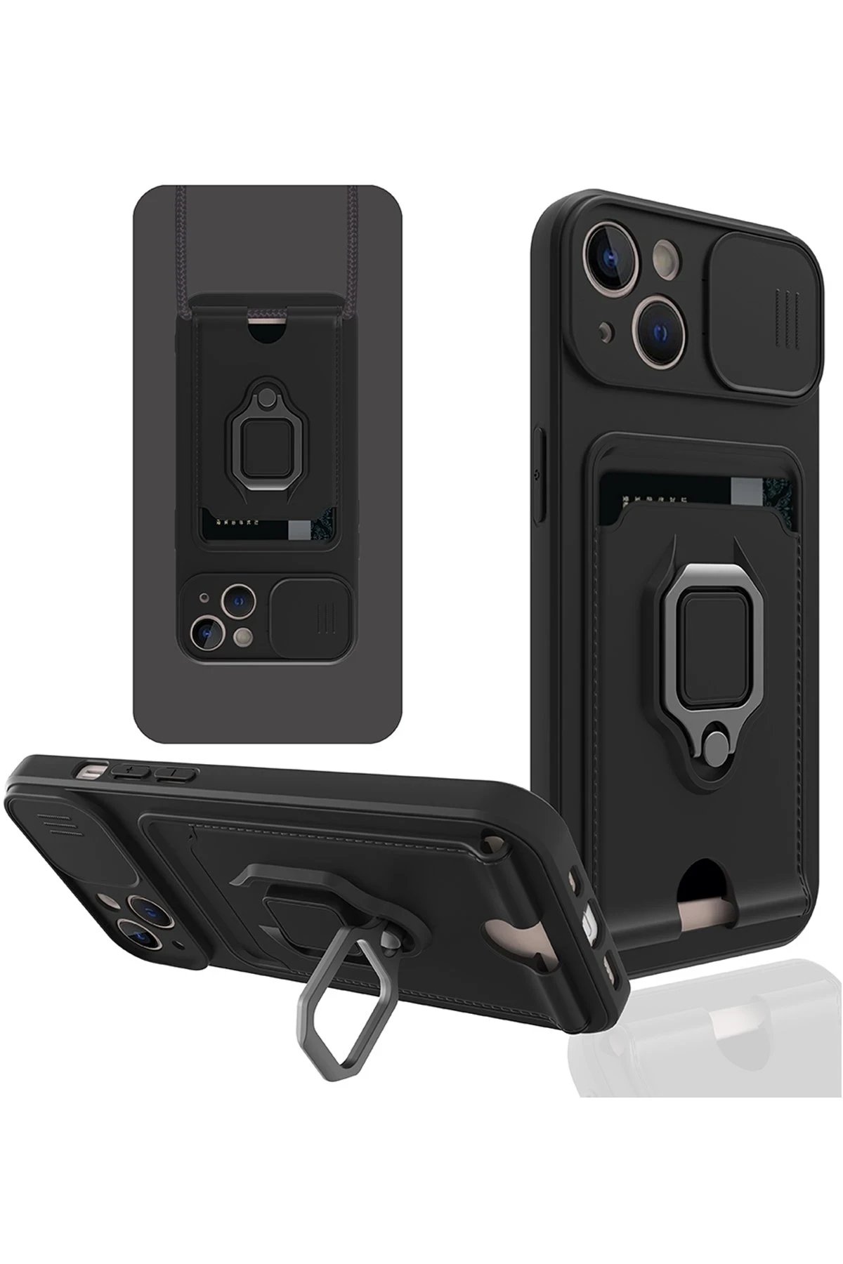 Newface iPhone 15 Kılıf Zuma Kartvizitli Yüzüklü Silikon - Siyah