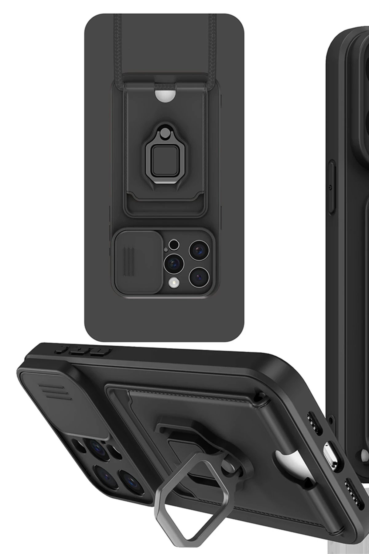 Newface iPhone 15 Pro Kılıf Zuma Kartvizitli Yüzüklü Silikon - Siyah