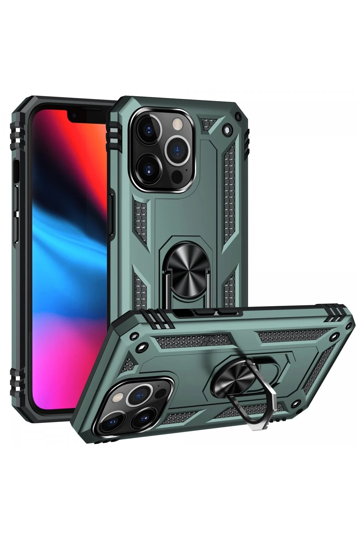 Newface iPhone 13 Pro Max Kılıf Sofya Yüzüklü Silikon Kapak - Yeşil