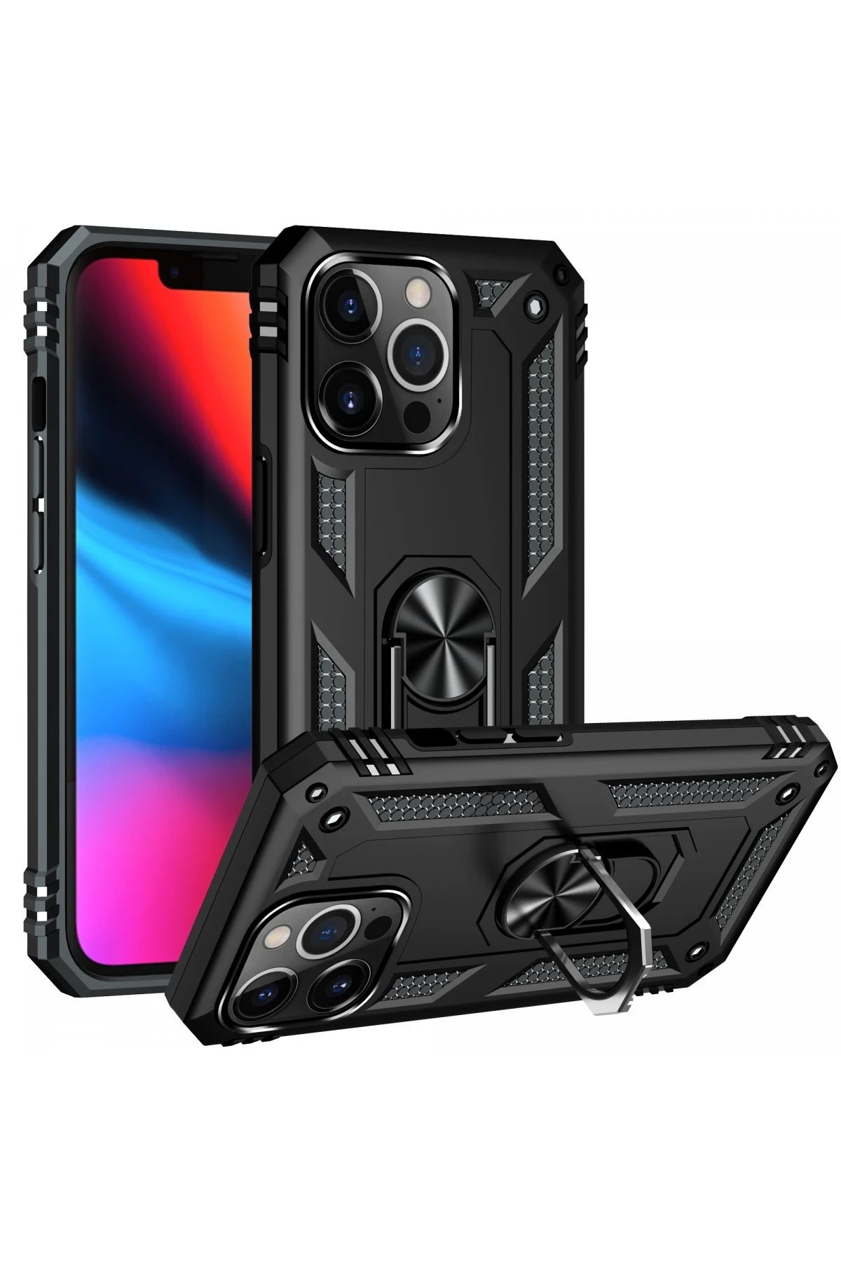 Newface iPhone 13 Pro Kılıf Sofya Yüzüklü Silikon Kapak - Siyah