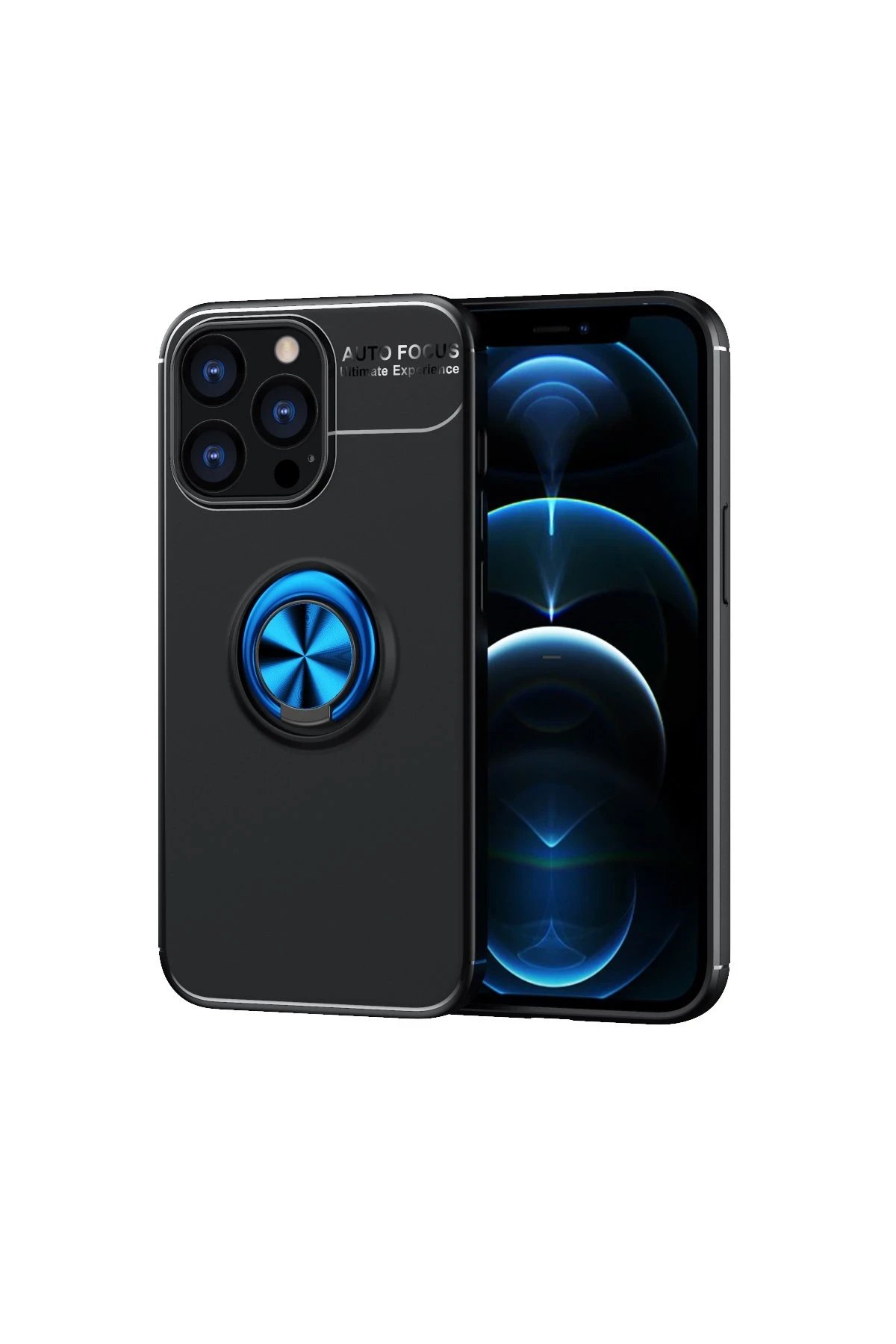 Newface iPhone 13 Pro Max Kılıf Range Yüzüklü Silikon - Siyah-Mavi