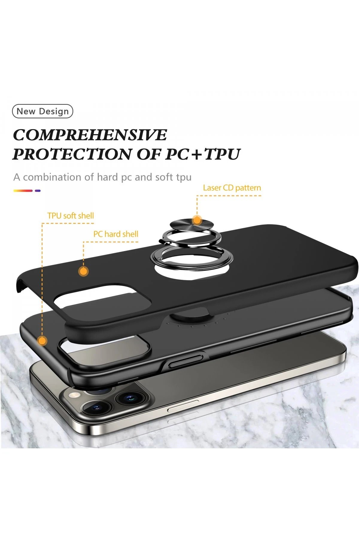 Newface iPhone 13 Pro Kılıf Elit Yüzüklü Kapak - Siyah