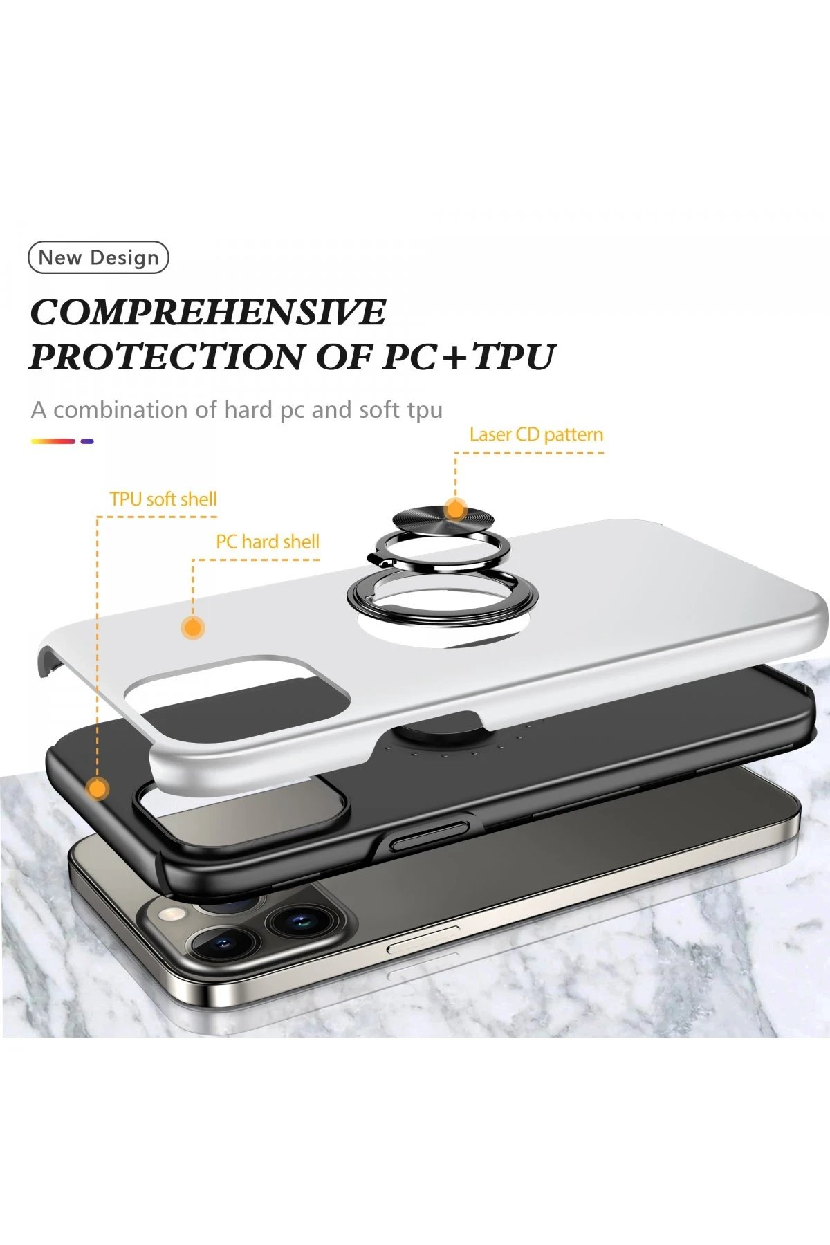 Newface iPhone 13 Pro Kılıf Elit Yüzüklü Kapak - Gümüş