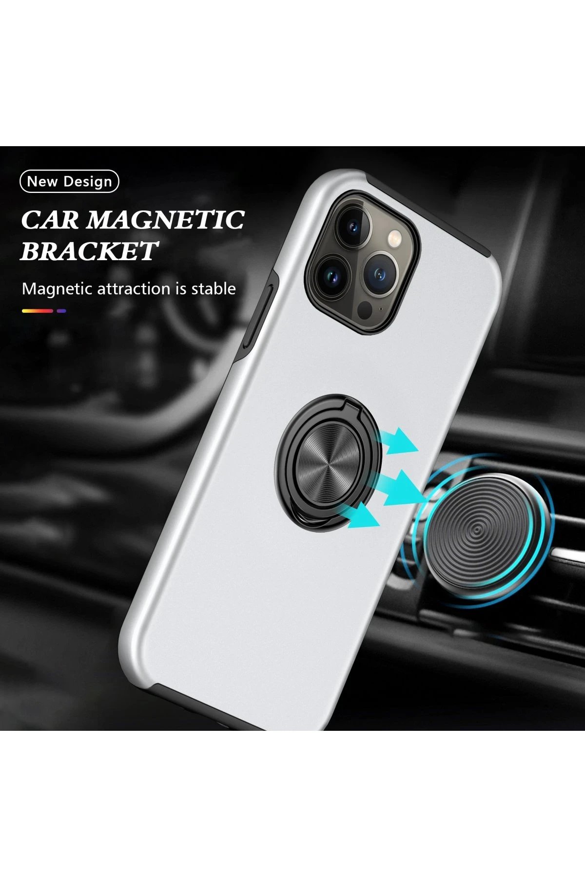 Newface iPhone 13 Pro Kılıf Elit Yüzüklü Kapak - Gümüş