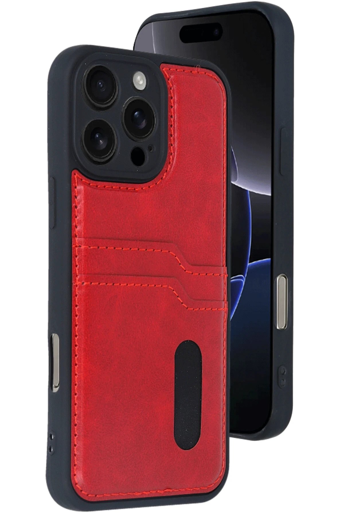 Newface iPhone 16 Pro Kılıf Sara Kartvizitli Deri Kılıf - Kırmızı