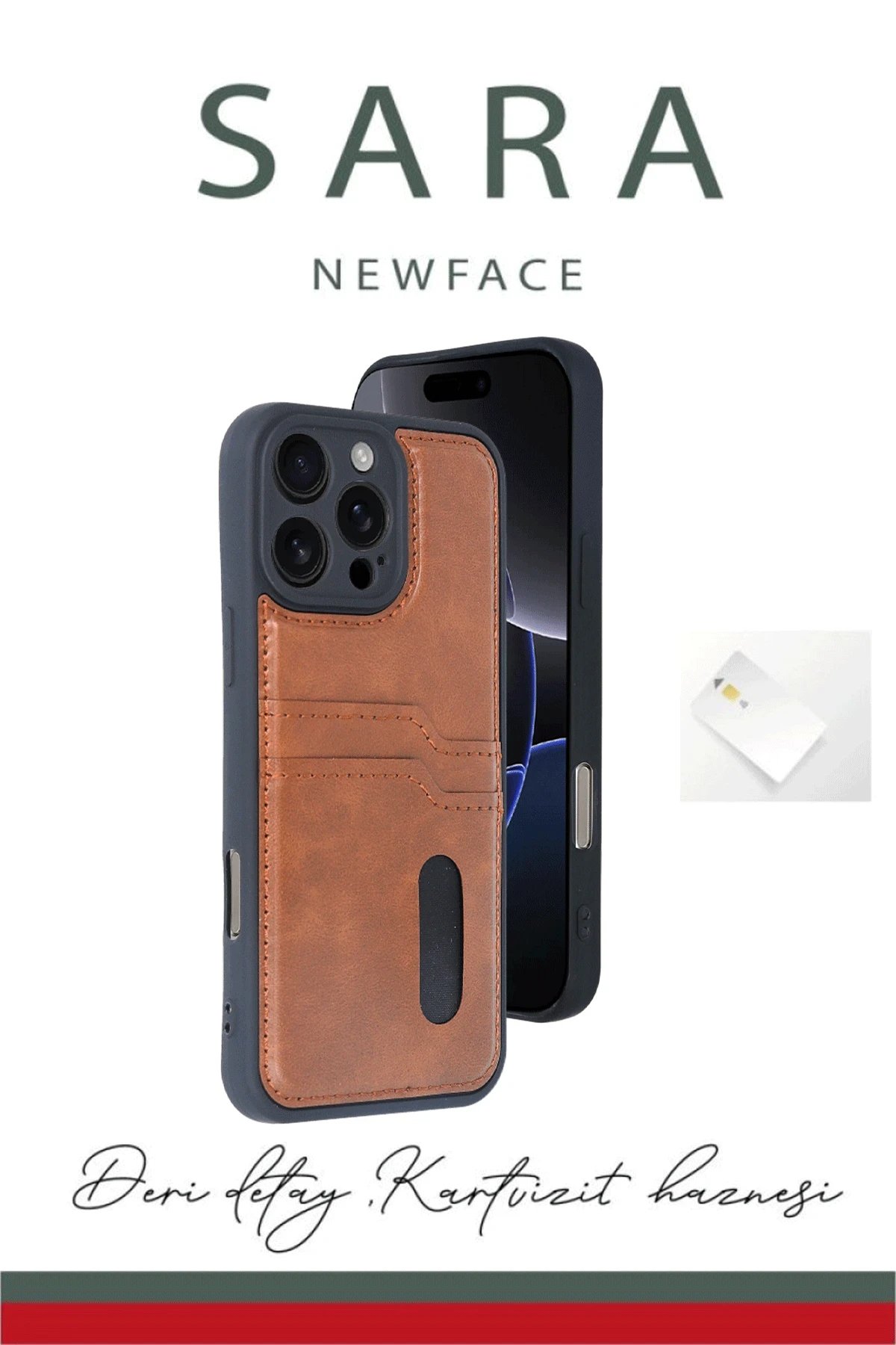 Newface iPhone 16 Pro Kılıf Sara Kartvizitli Deri Kılıf - Koyu Yeşil