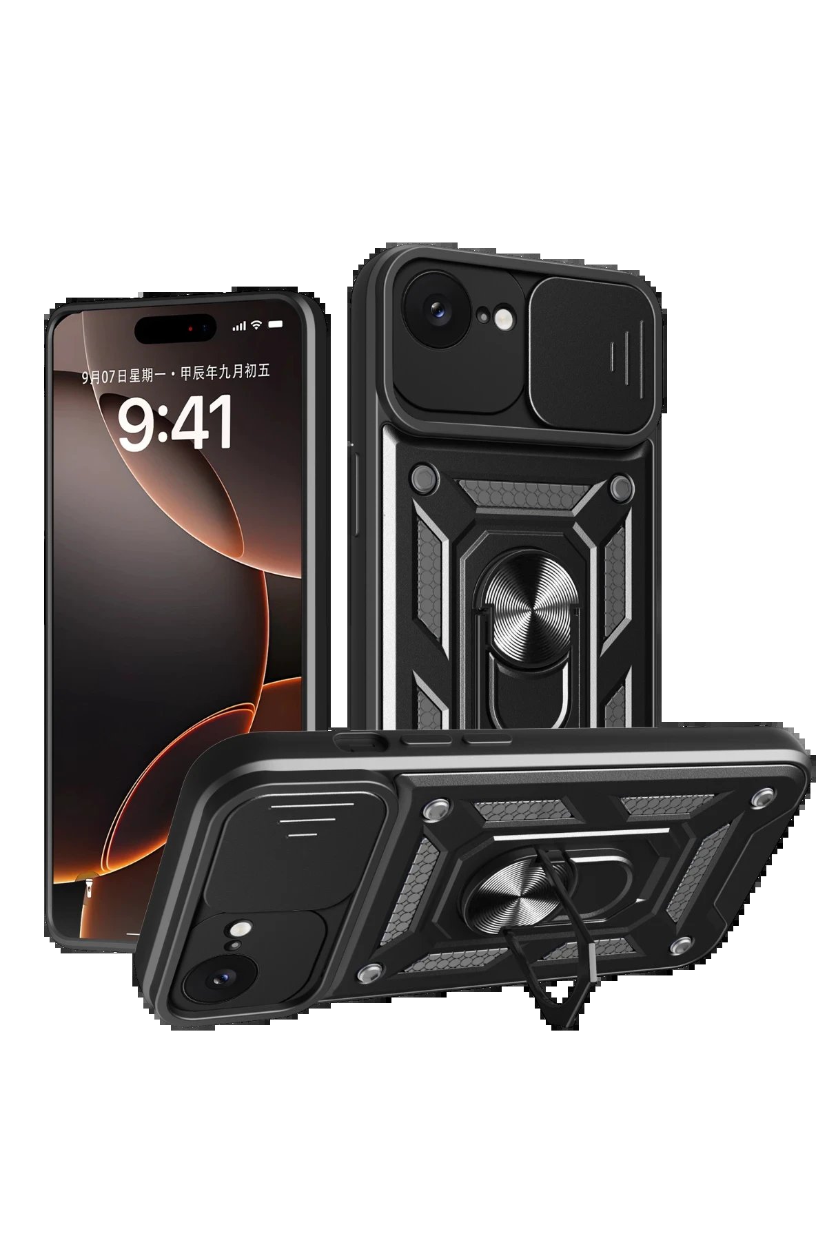 Newface iPhone 16E Kılıf Pars Lens Yüzüklü Silikon - Siyah