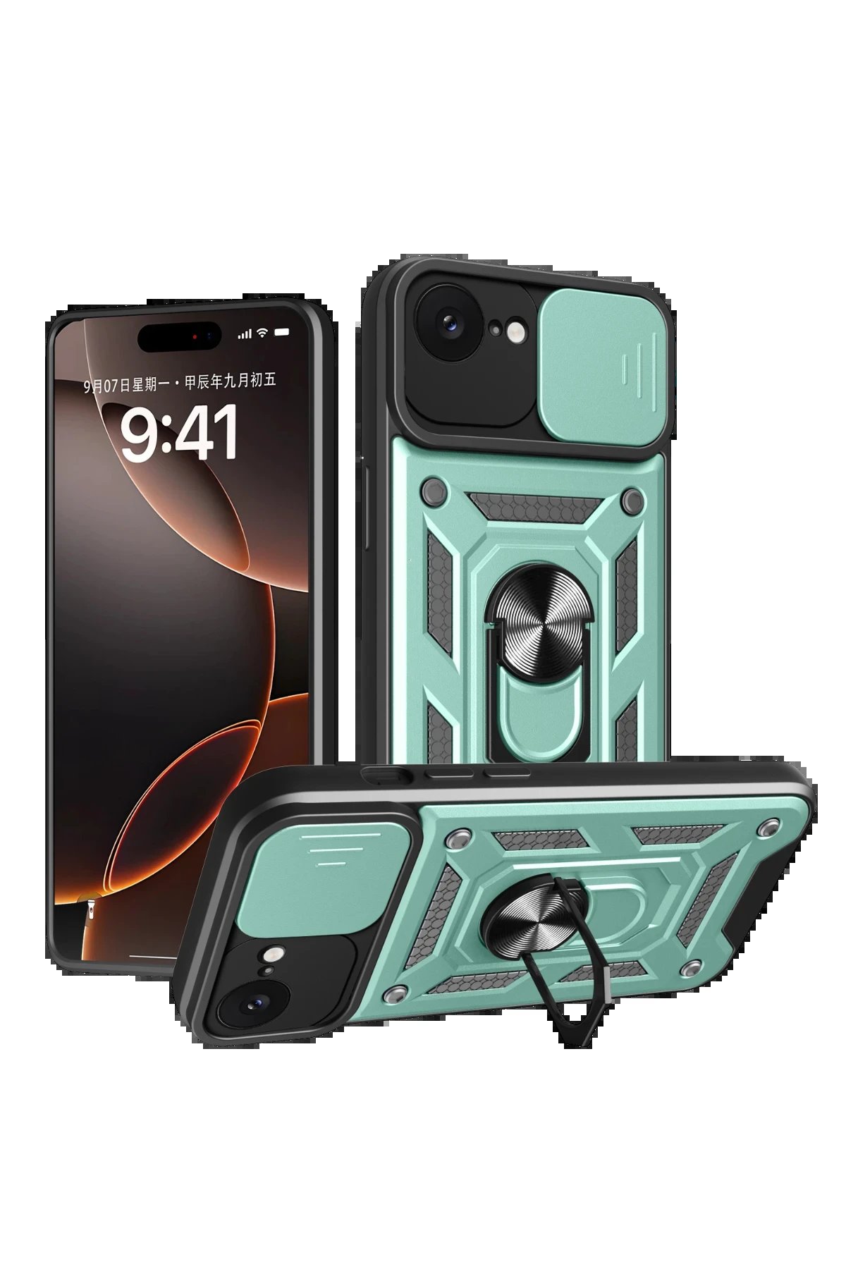 Newface iPhone 16E Kılıf Pars Lens Yüzüklü Silikon - Yeşil