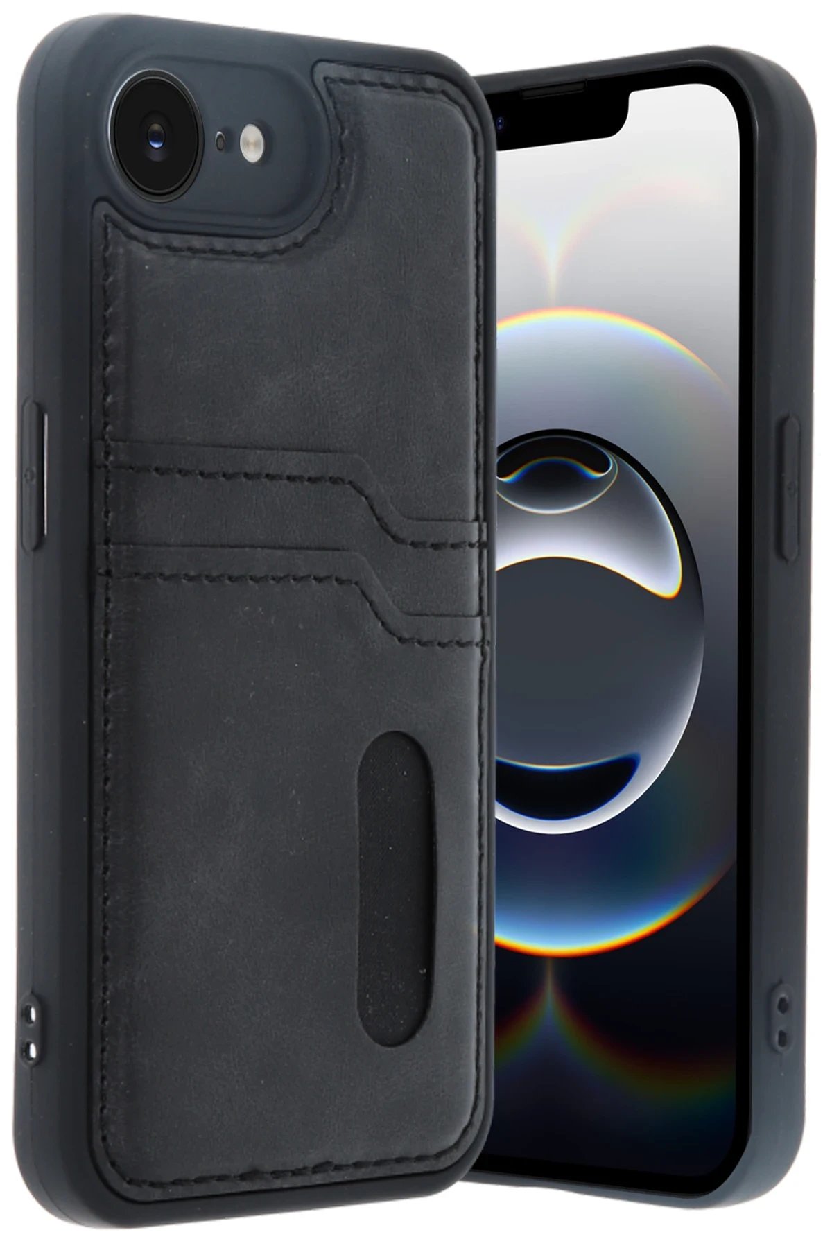 Newface iPhone 16E Kılıf Sara Kartvizitli Deri Kılıf - Siyah