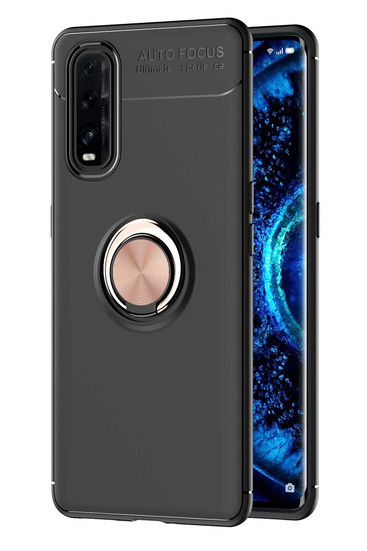 Newface Oppo Find X2 Kılıf Range Yüzüklü Silikon - Siyah-Gold