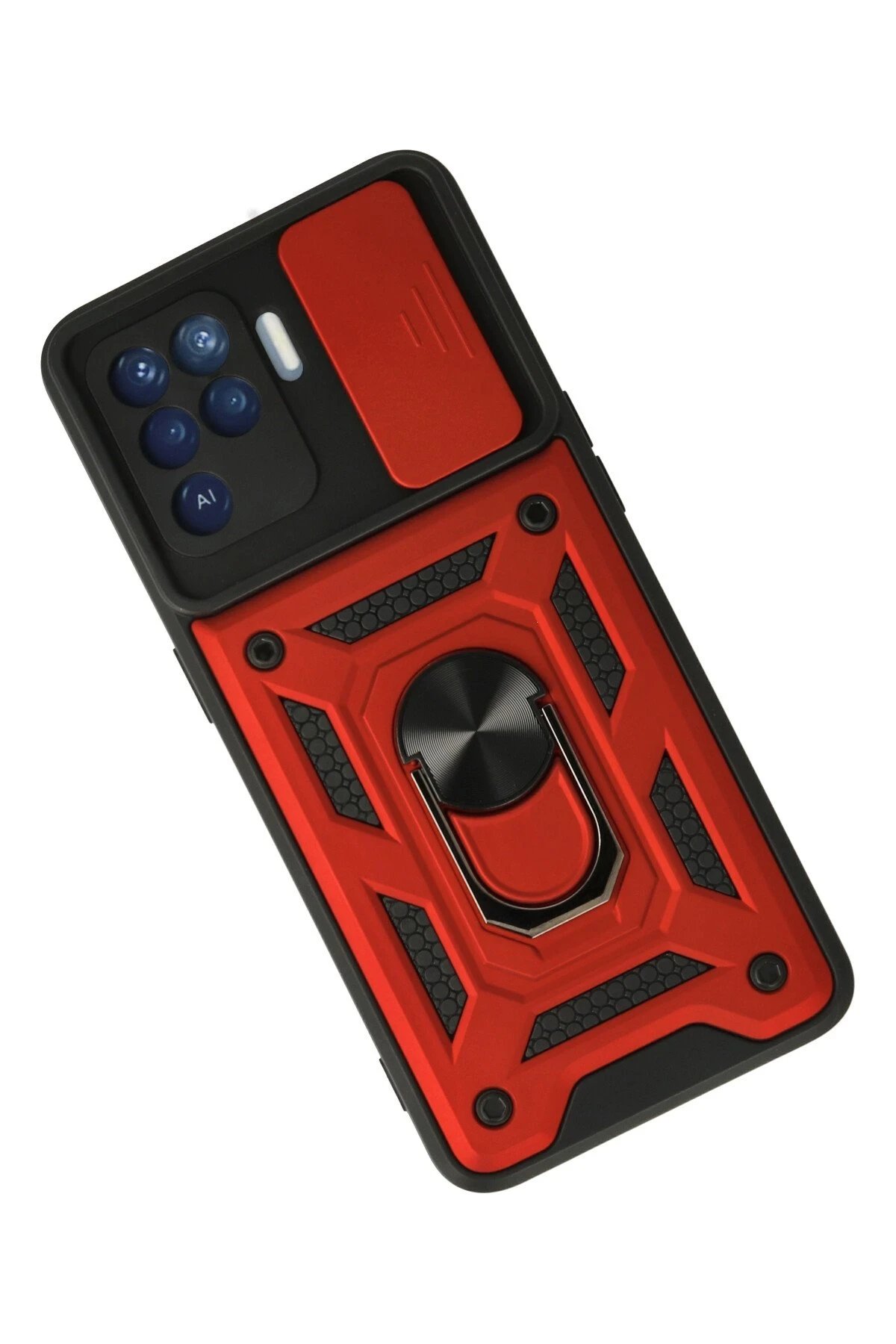 Newface Oppo Reno 5 Lite Kılıf Pars Lens Yüzüklü Silikon - Kırmızı