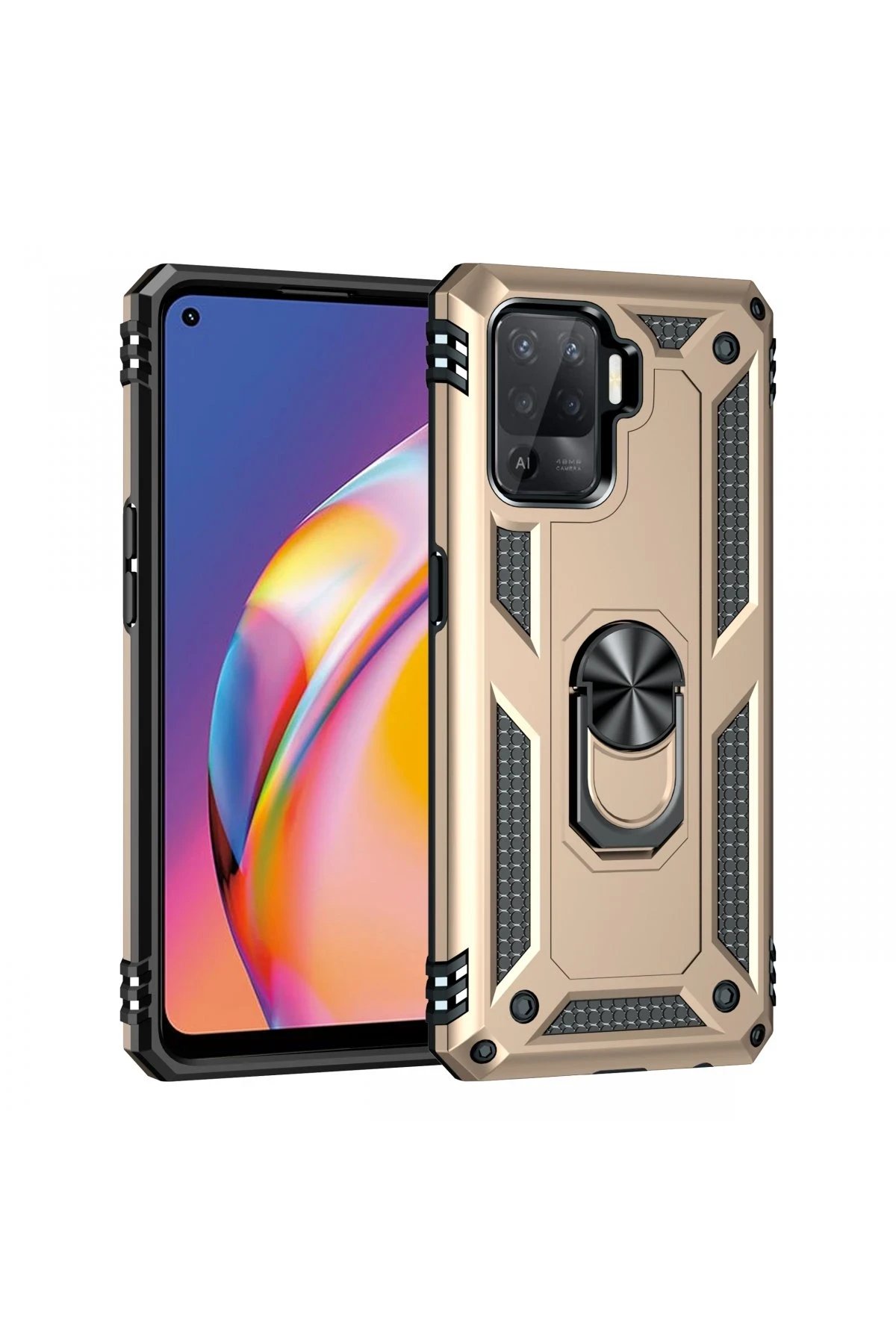 Newface Oppo Reno 5 Lite Kılıf Sofya Yüzüklü Silikon Kapak - Gold