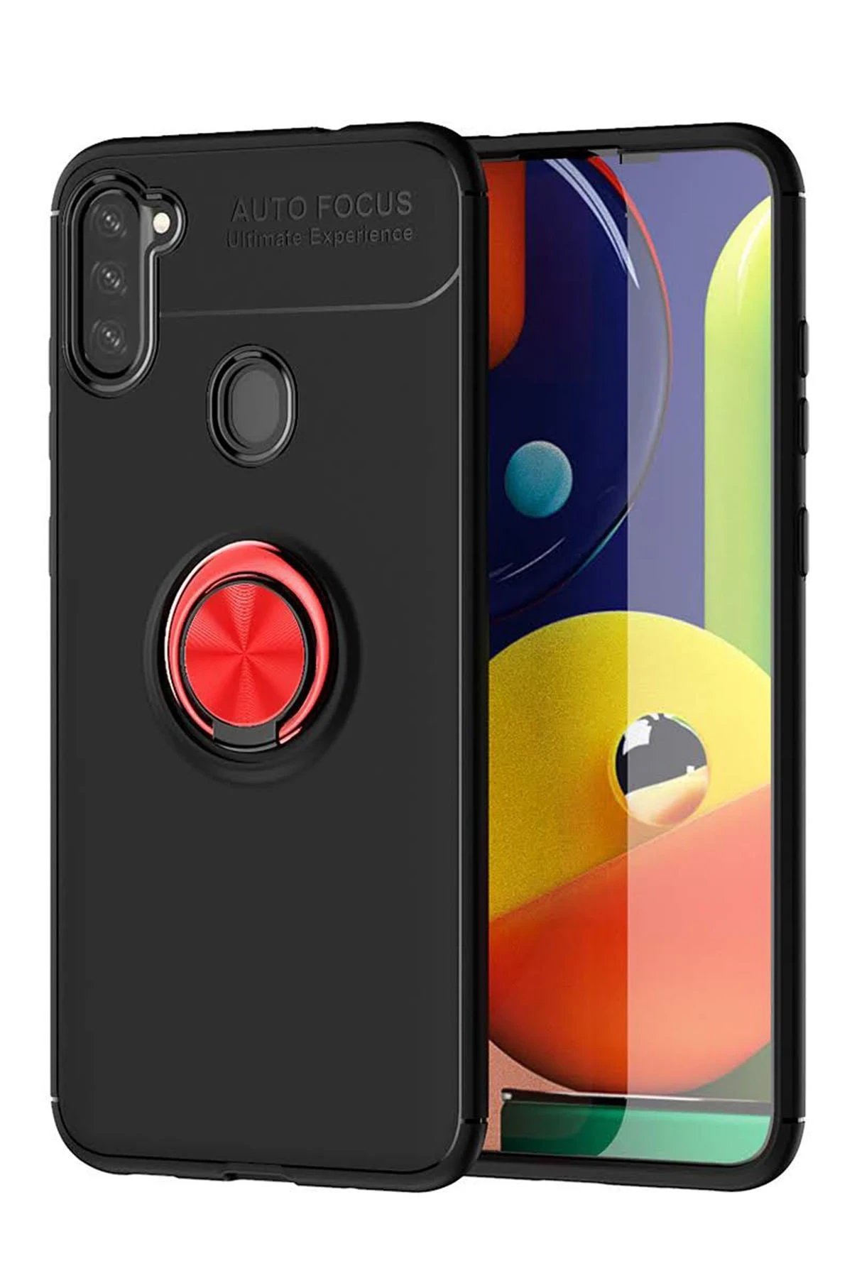 Newface Samsung Galaxy A11 Kılıf Range Yüzüklü Silikon - Siyah-Kırmızı