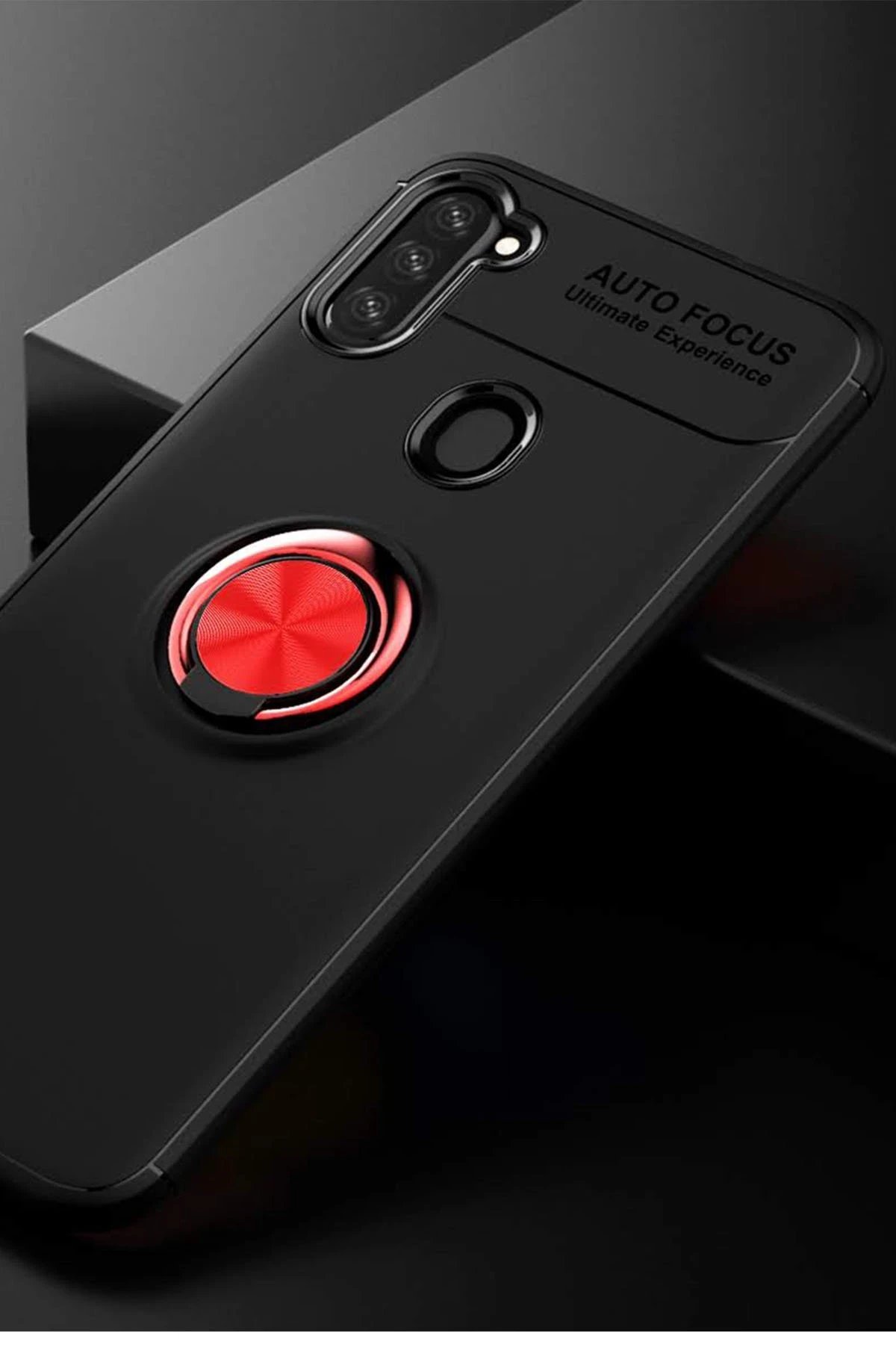 Newface Samsung Galaxy A11 Kılıf Range Yüzüklü Silikon - Siyah-Kırmızı