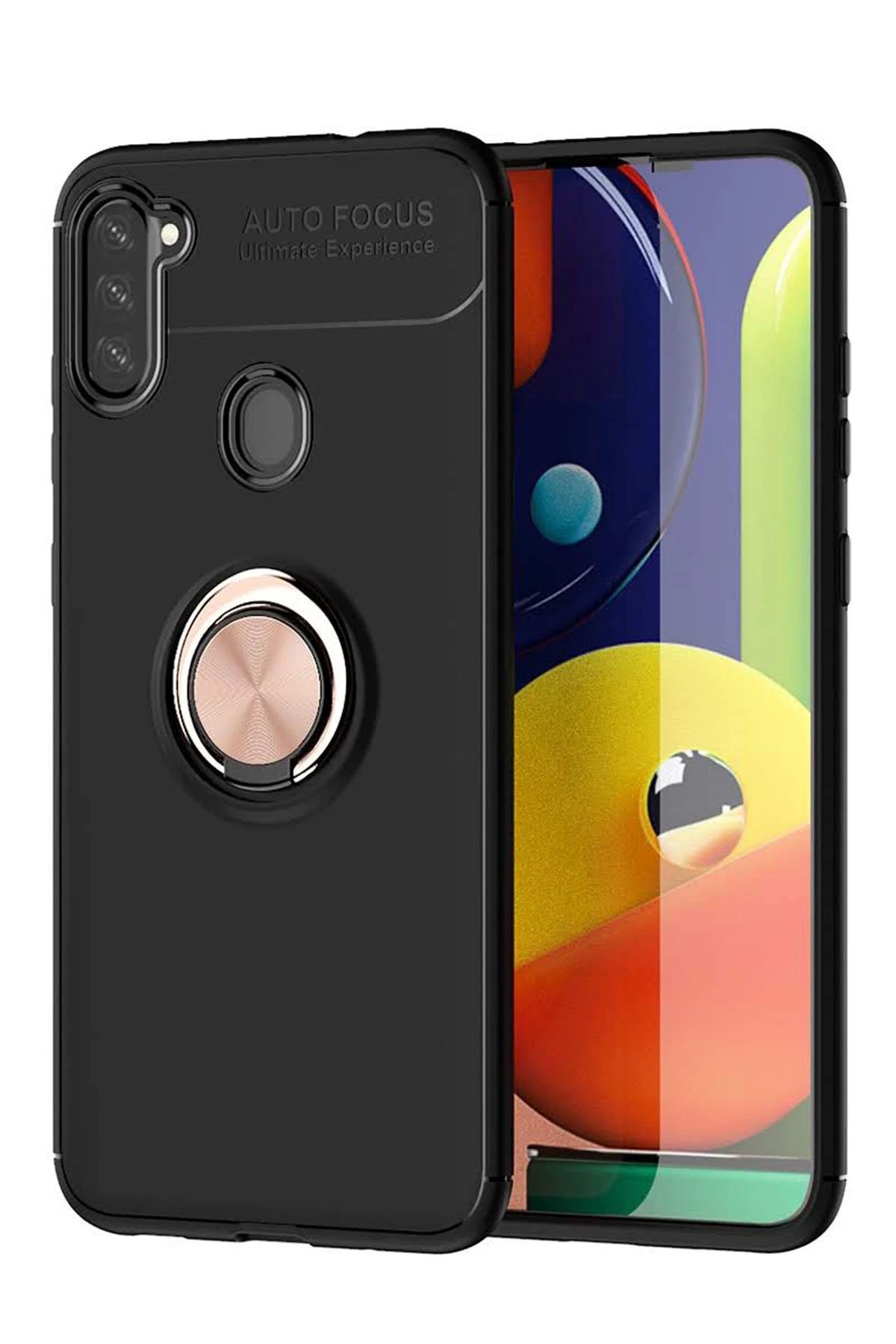 Newface Samsung Galaxy A11 Kılıf Range Yüzüklü Silikon - Siyah-Gold