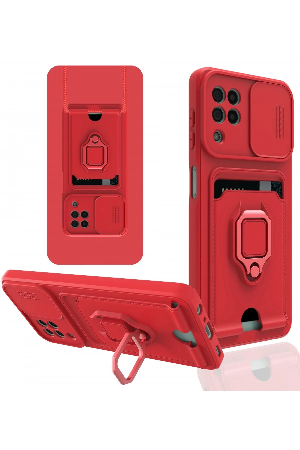 Newface Samsung Galaxy A22 Kılıf Zuma Kartvizitli Yüzüklü Silikon - Kırmızı