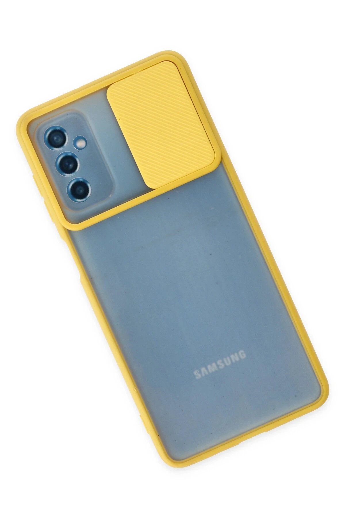 Newface Samsung Galaxy M52 5G Kılıf Palm Buzlu Kamera Sürgülü Silikon - Sarı