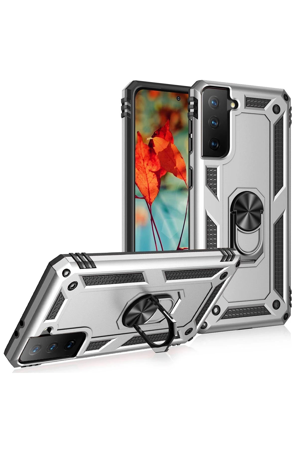 Newface Samsung Galaxy S21 Kılıf Sofya Yüzüklü Silikon Kapak - Gümüş