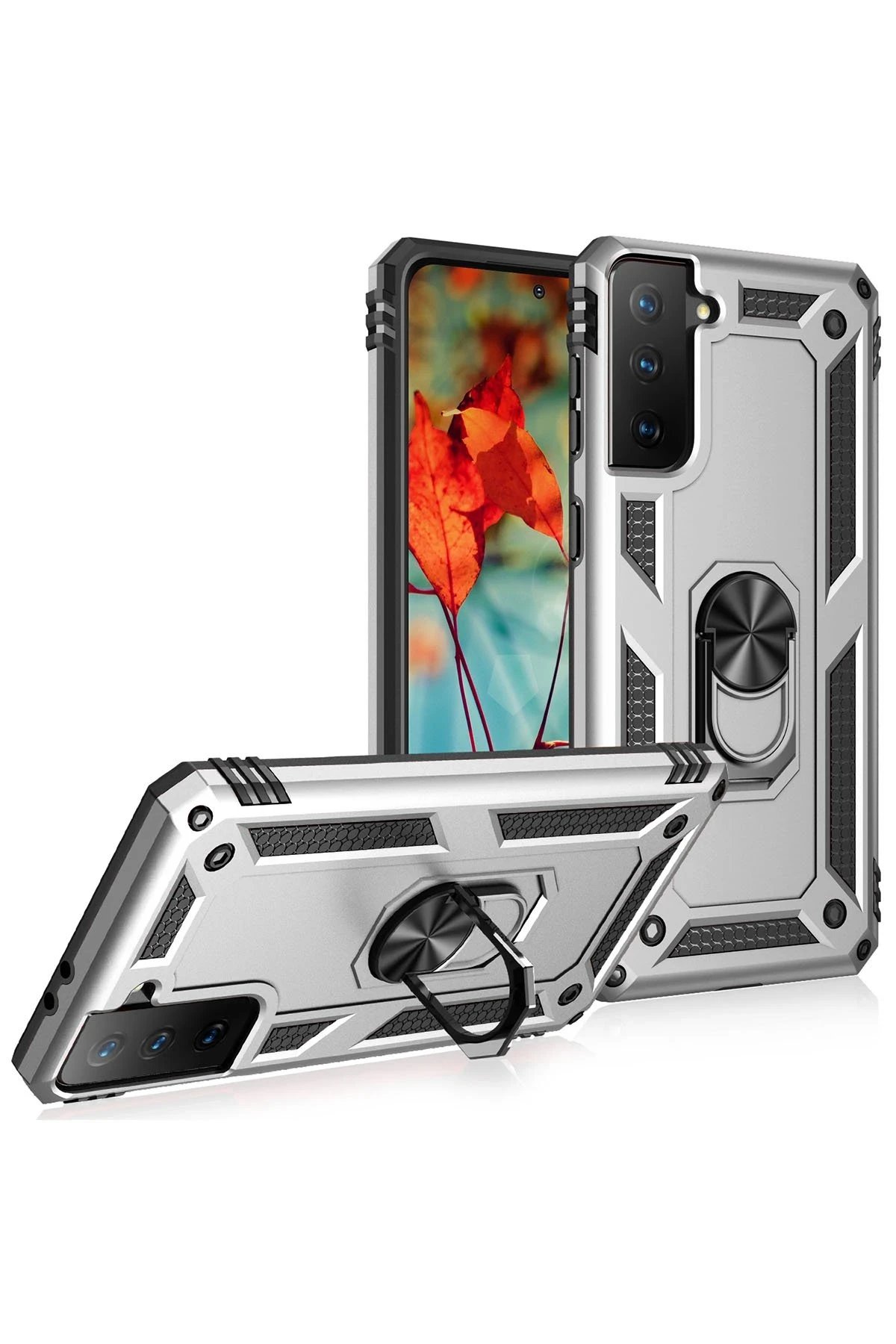 Newface Samsung Galaxy S21 Plus Kılıf Sofya Yüzüklü Silikon Kapak - Gümüş