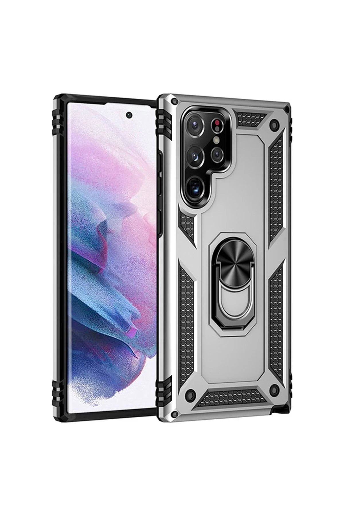 Newface Samsung Galaxy S21 Ultra Kılıf Sofya Yüzüklü Silikon Kapak - Gümüş