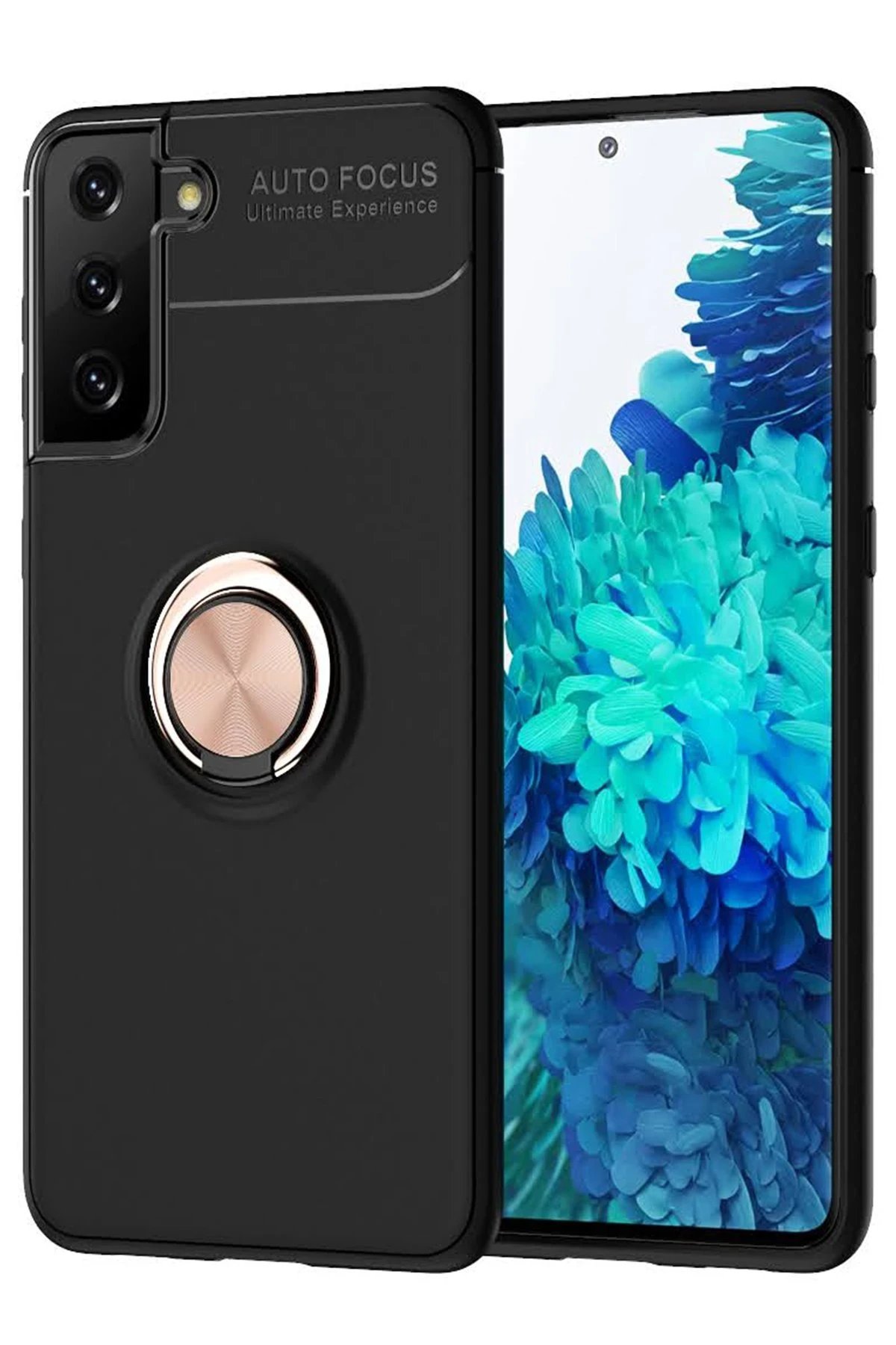 Newface Samsung Galaxy S21 Plus Kılıf Range Yüzüklü Silikon - Siyah-Gold