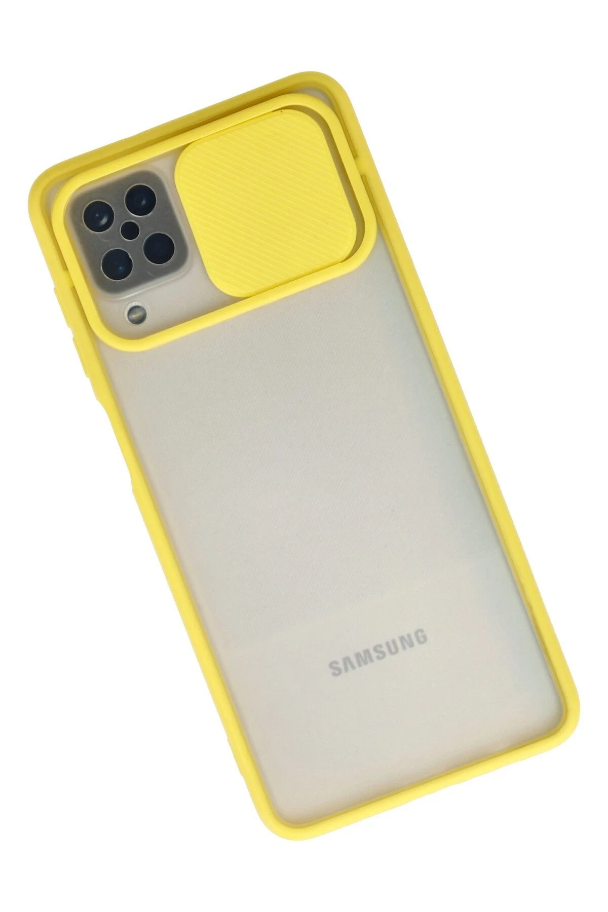 Newface Samsung Galaxy A12 Kılıf Palm Buzlu Kamera Sürgülü Silikon - Sarı