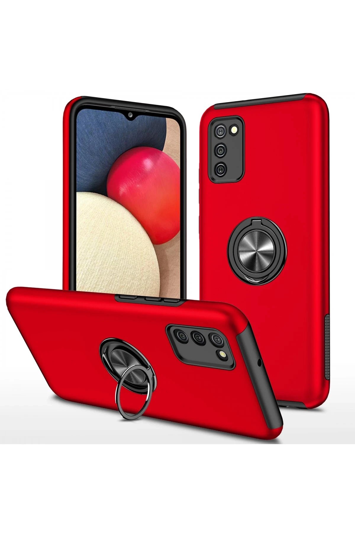 Newface Samsung Galaxy A02S Kılıf Elit Yüzüklü Kapak - Kırmızı