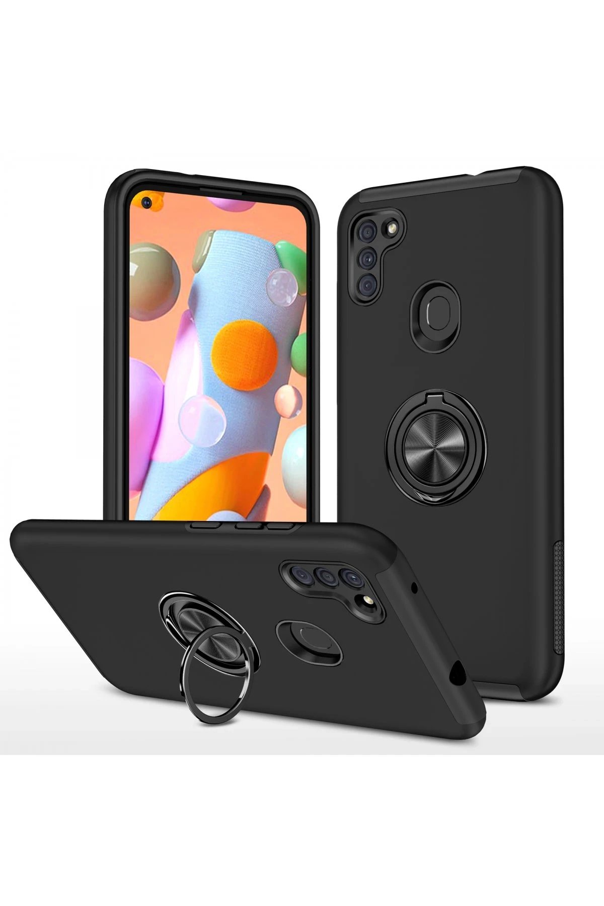 Newface Samsung Galaxy A11 Kılıf Elit Yüzüklü Kapak - Siyah